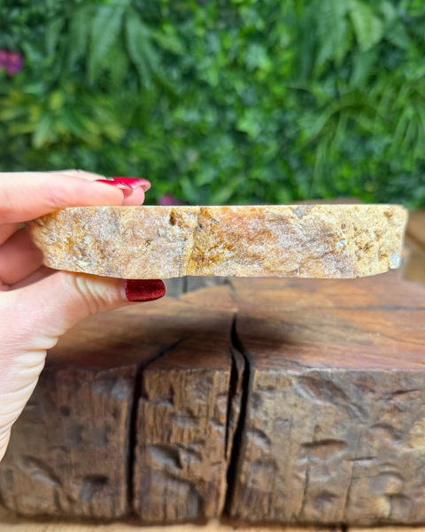 Pink amethyst slab on stand