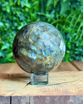 Labradorite sphere with natural iridescent flashes sitting on a display surface, showing its intuitive and protective energy.