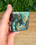 Hand holding a labradorite crystal with a colorful pattern against a blurred green background