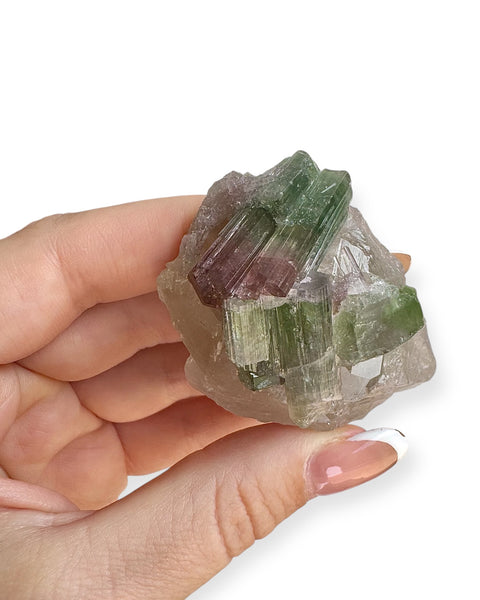 Watermelon tourmaline on smoky quartz