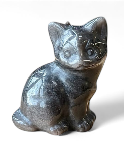 Silver sheen obsidian crystal sitting cat carving