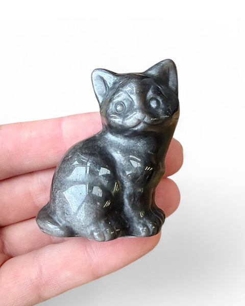 Silver sheen obsidian crystal sitting cat carving