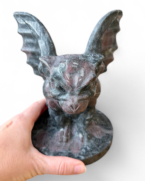 Garnet in arfvedsonite crystal gargoyle carving