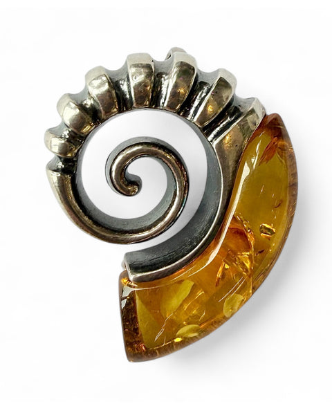 Amber crystal ammonite sterling silver pendant