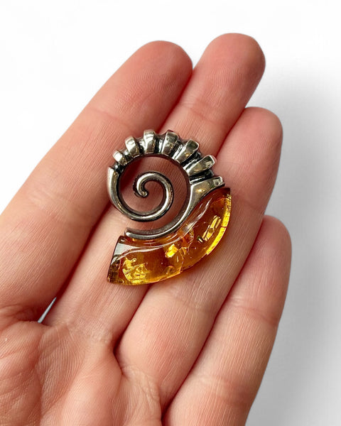 Amber crystal ammonite sterling silver pendant