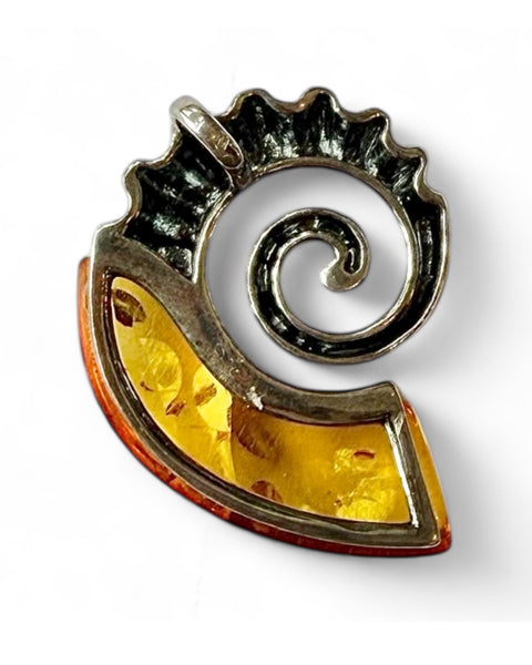 Amber crystal ammonite sterling silver pendant