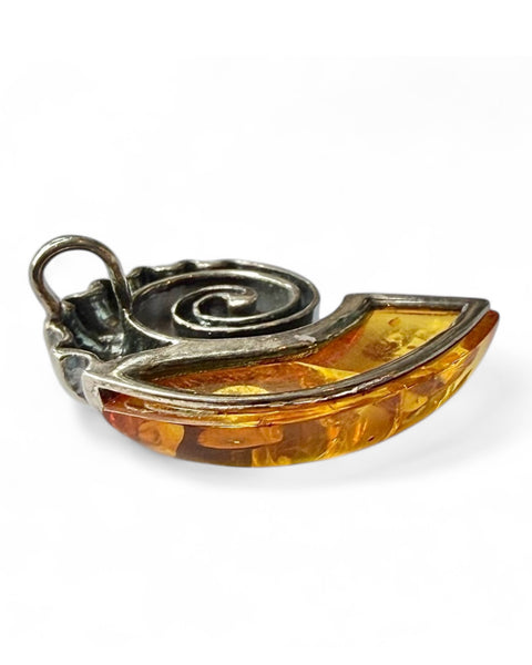 Amber crystal ammonite sterling silver pendant