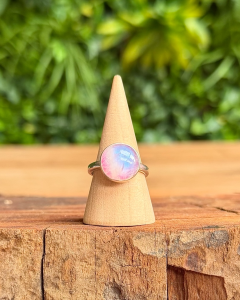 Moonstone ring - pink foiled in sterling silver - size P/Q