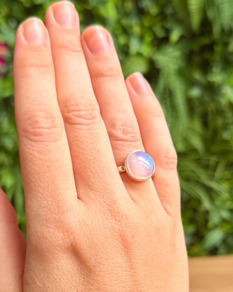 Moonstone ring - pink foiled in sterling silver - size P/Q