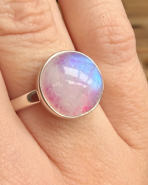 Moonstone ring - pink foiled in sterling silver - size P/Q
