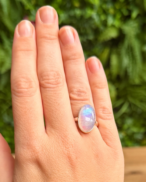 Moonstone ring - pink foiled in sterling silver - size P