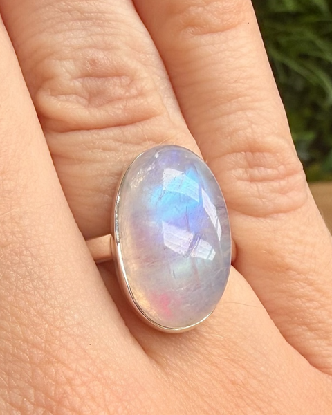 Moonstone ring - pink foiled in sterling silver - size P