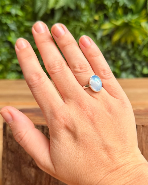 Moonstone ring - blue foiled in sterling silver - size L