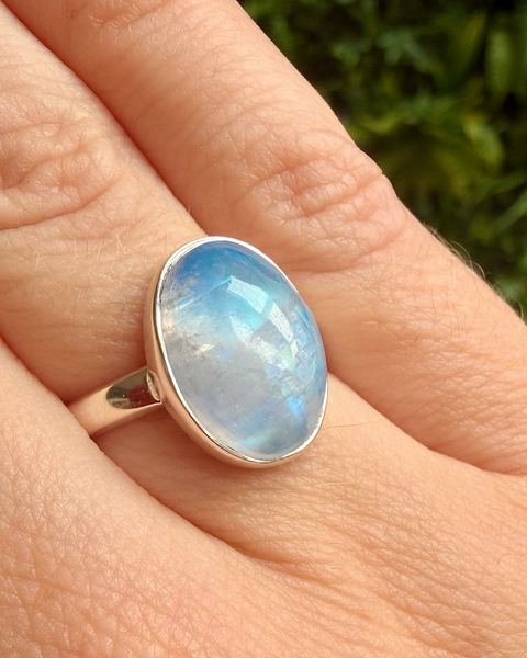 Moonstone ring - blue foiled in sterling silver - size L