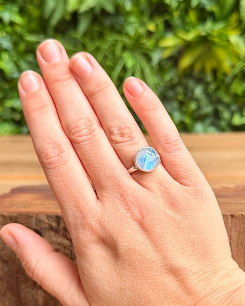 Moonstone ring - blue foiled in sterling silver - size O