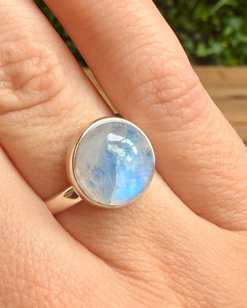 Moonstone ring - blue foiled in sterling silver - size O
