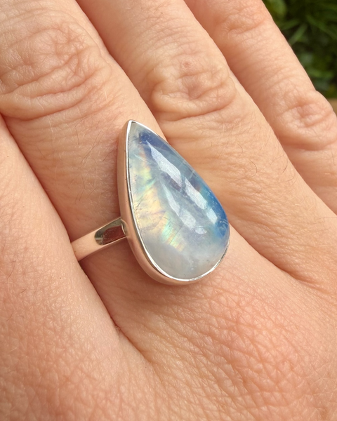 Moonstone ring - blue foiled in sterling silver - size Q