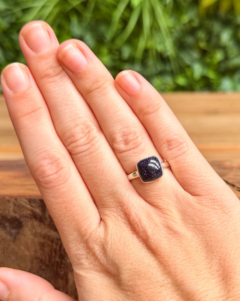 Blue goldstone ring in sterling silver - size O