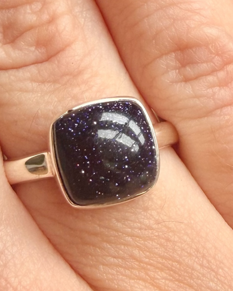 Blue goldstone ring in sterling silver - size O