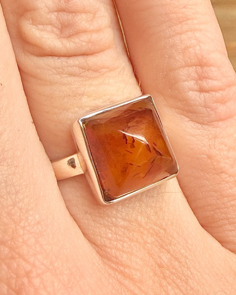 Amber in sterling silver ring - size N