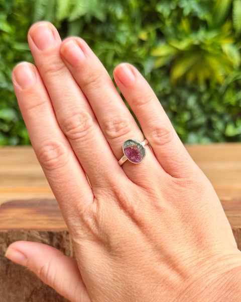 Watermelon tourmaline ring in sterling silver - size N