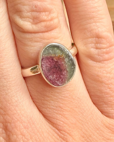 Watermelon tourmaline ring in sterling silver - size N