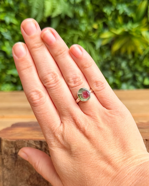 Watermelon tourmaline ring in sterling silver - size L