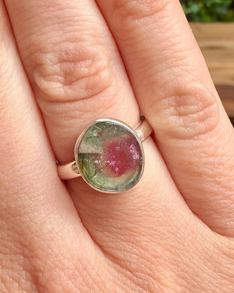 Watermelon tourmaline ring in sterling silver - size L