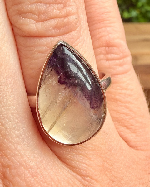 Blue John fluorite ring in sterling silver - size P