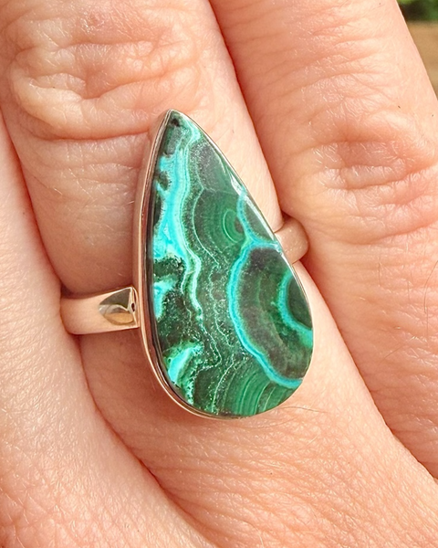 Malachite chrysocolla ring in sterling silver - size M