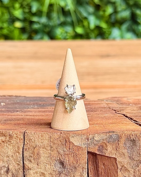 Moldavite & herkimer diamond in sterling silver ring - size N
