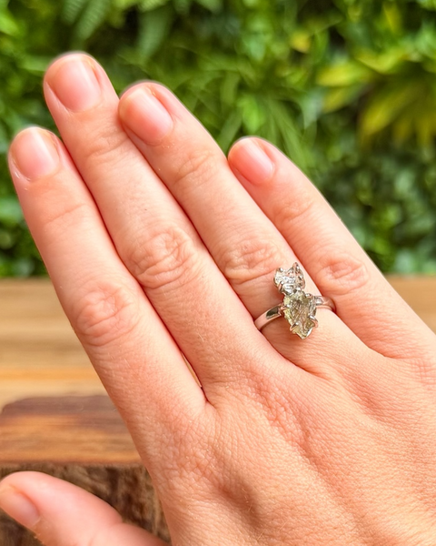 Moldavite & herkimer diamond in sterling silver ring - size N