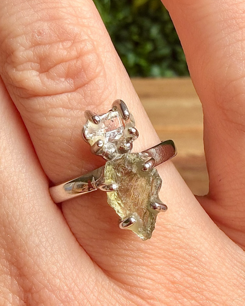 Moldavite & herkimer diamond in sterling silver ring - size N