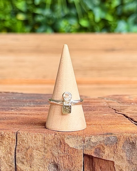 Moldavite & herkimer diamond in sterling silver ring - size Q