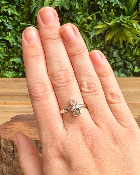 Moldavite & herkimer diamond in sterling silver ring - size Q