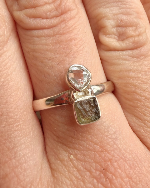 Moldavite & herkimer diamond in sterling silver ring - size Q