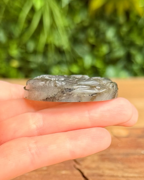 Side view of a labradorite carving