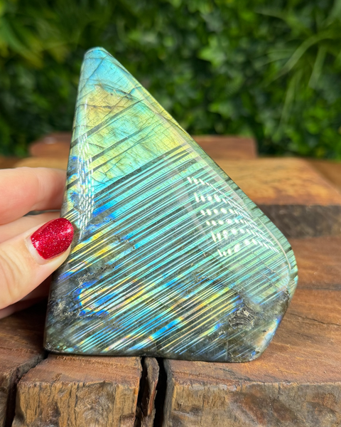 Labradorite crystal freeform showing vibrant labradorescence