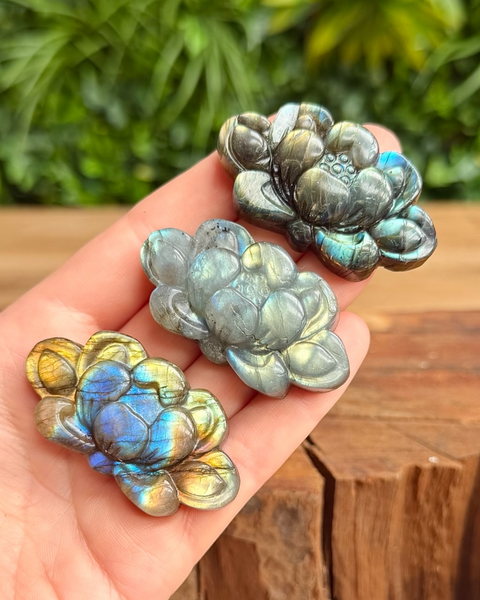 labradorite lotus flower carvings in hand