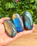 Three labradorite stones held in a hand with a blurred green outdoor background