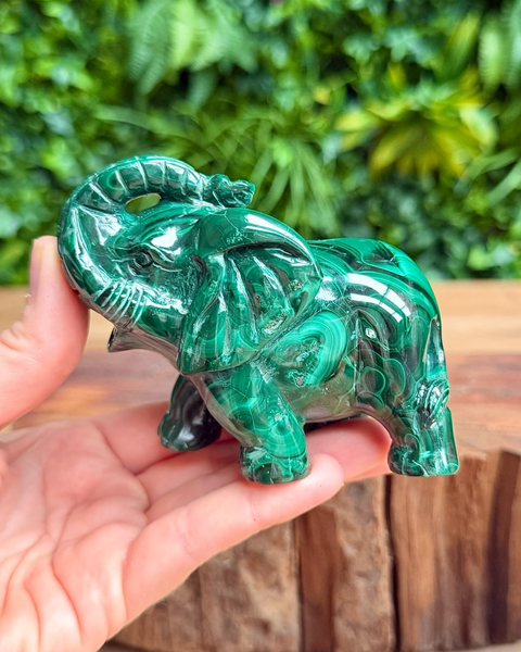 Green crystal elephant figurine held in a hand with a blurred green foliage background