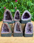 Six amethyst geode dioramas with dark gray stone bases, arranged in two rows on a wooden surface with a green foliage background.