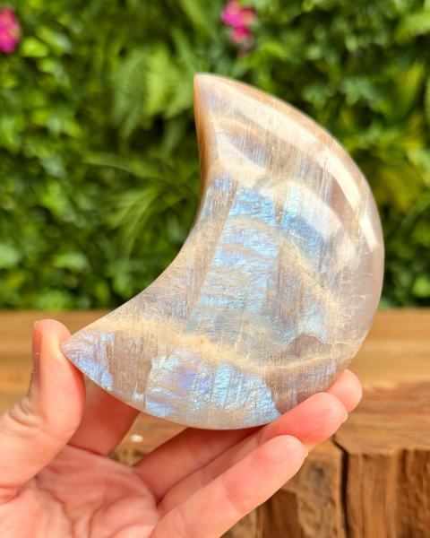 Hand holding a semi-precious moon stone with a rainbow-like pattern against a blurred green background