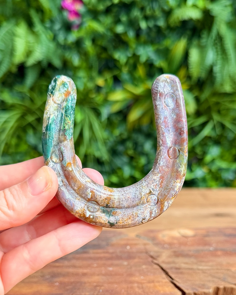 Horse shoe carving in ocean jasper crystal
