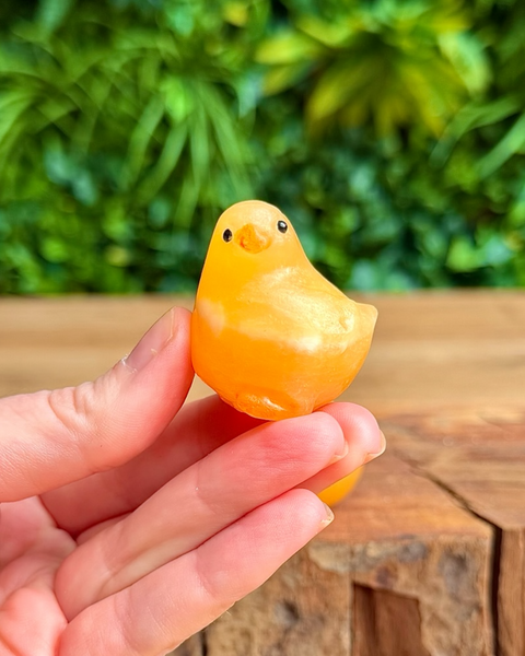 Small yellow chick orange calcite figurine held in a hand with a blurred green background
