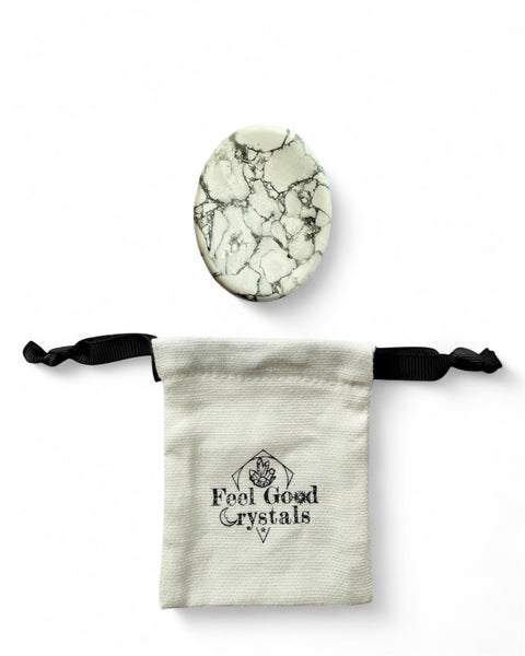 Howlite crystal thumb worry store with Feel Good Crystals drawstring pouch