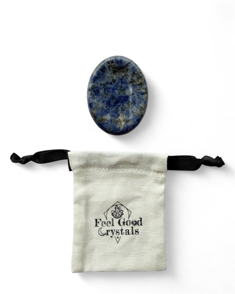 Sodalite crystal thumb worry stone with Feel Good Crystals Ltd drawstring pouch