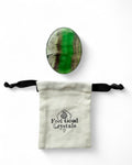 Fluorite crystal thumb worry stone with Feel Good Crystals drawstring pouch