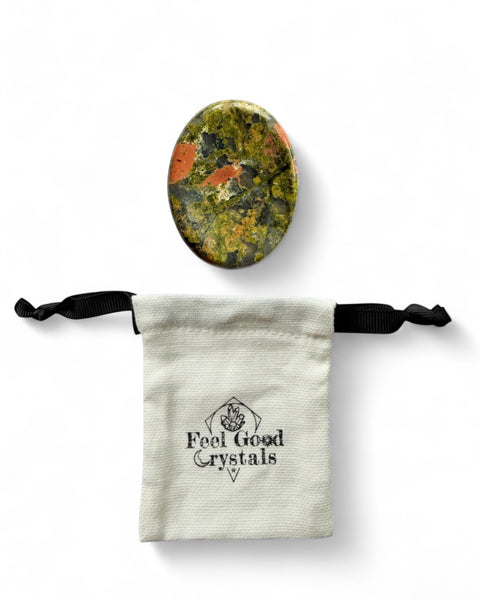 Unakite crystal thumb worry tone with Feel Good Crystals drawstring pouch