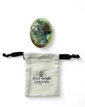 Moss agate crystal thumb worry stone with a Feel Good Crystals Ltd pouch